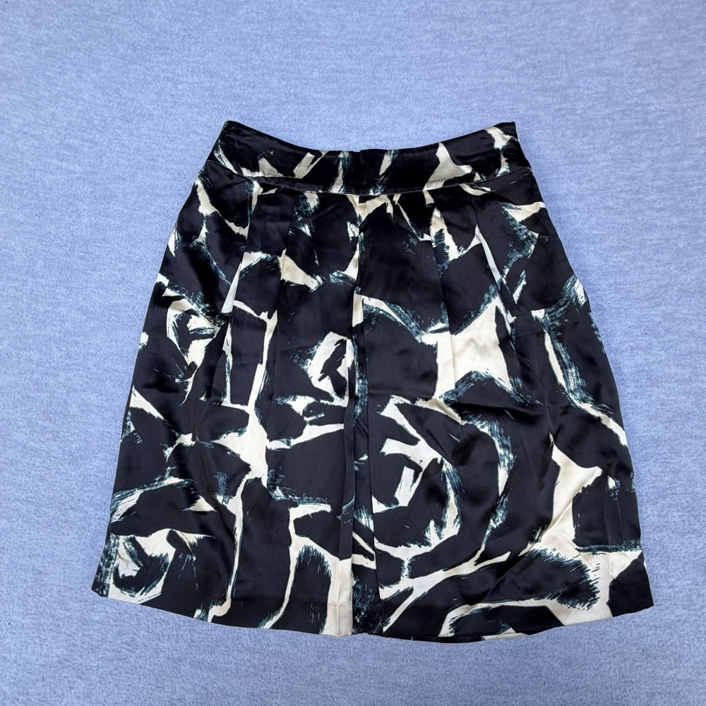 Martin & Osa Pleated 100% Silk Skirt Black Cream Blue Pockets 4 Lined Academia